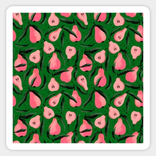 Pink blush pears with leaves on green background pattern Sticker